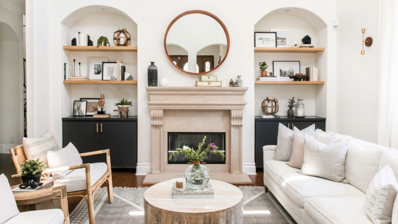 Transitional Rustic Living Room with Symmetrical Arched Alcoves