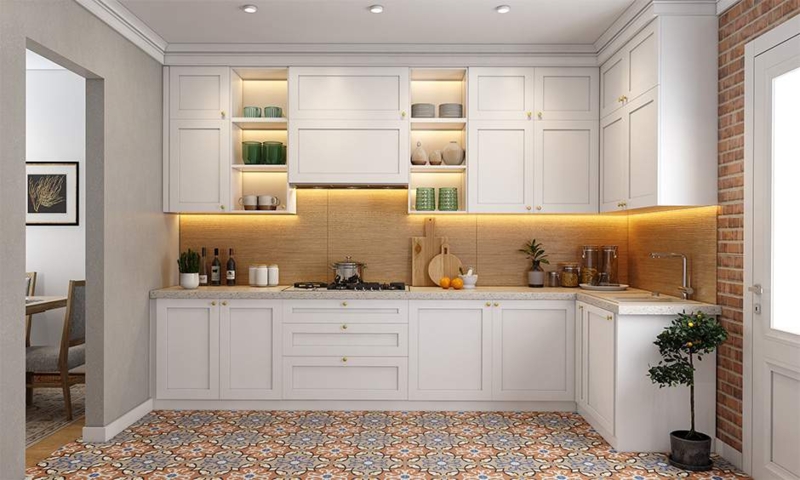 Transitional Shaker Kitchen with Warm Lighting and Patterned Floor Tile
