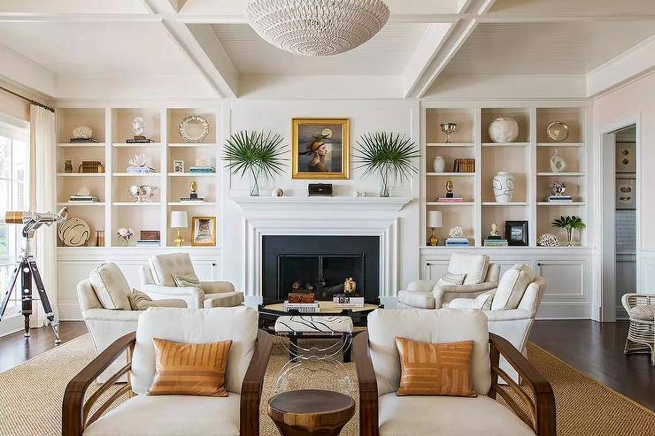 Transitional Sitting Room: Coffered Ceiling & Symmetrical Built-Ins