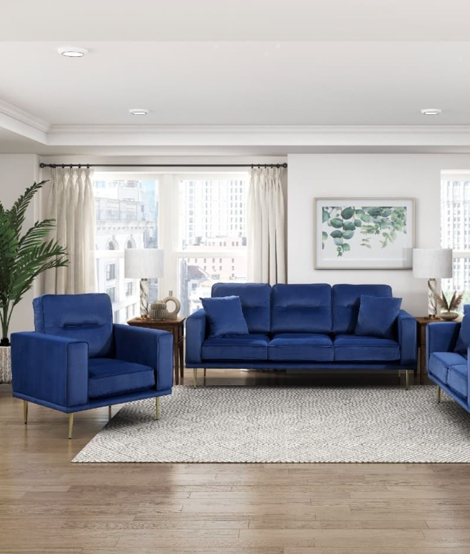 Transitional Sofa with Gold Tapered Legs and City View Backdrop