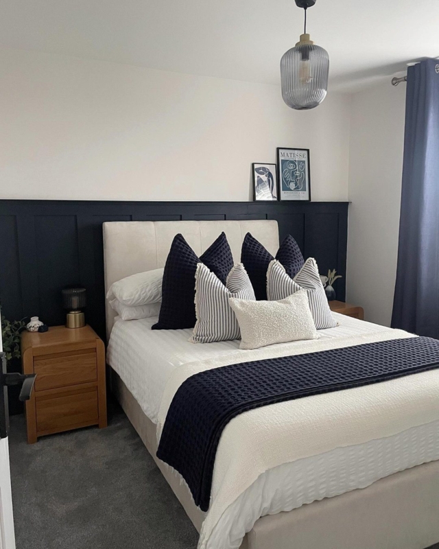 Transitional Upholstered Bed with Navy Half Wall Paneling
