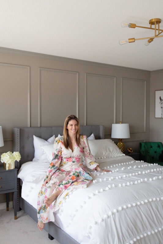 Transitional Upholstered Bed with Taupe Picture Frame Molding