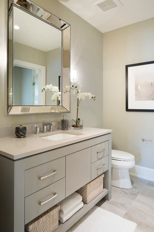 Transitional Vanity featuring Open Bottom Shelf and Beaded Mirror Frame