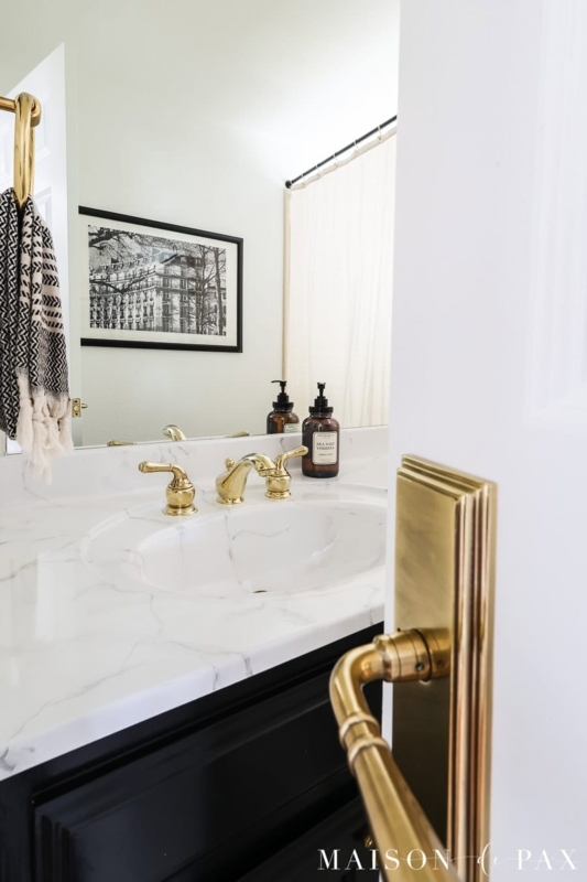 Transitional Vanity Makeover with Polished Brass Hardware Accents