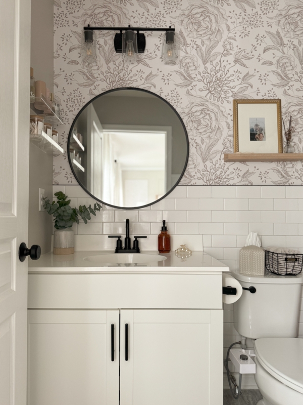 Transitional Vanity with Floral Wallpaper & Subway Tile Accent Wall
