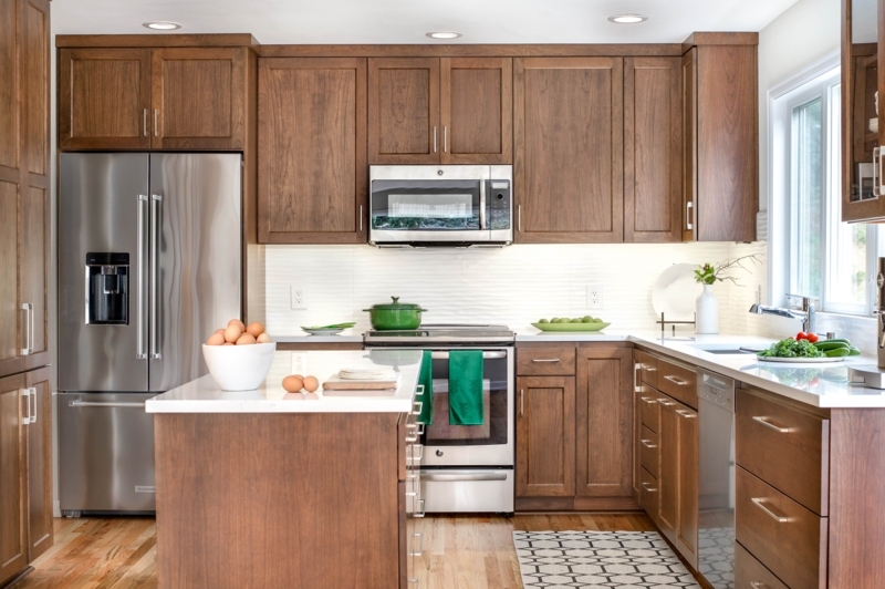 Transitional Wood Kitchen Cabinets with Wavy Tile Backsplash & Island