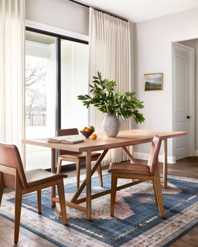 Tribal Pattern Area Rug in Denim and Blush with Trestle Table