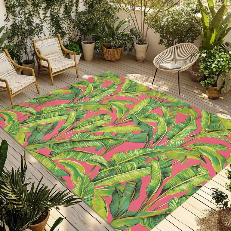 Tropical Area Rug Pink Green Leaf Print Deck Decor Ideas