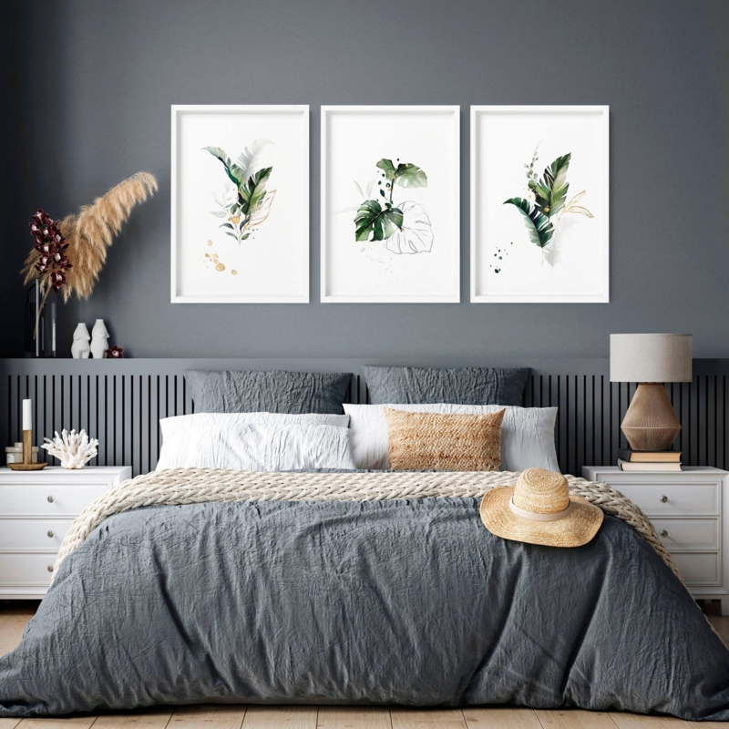 Tropical Botanical Wall Art Set in Modern Boho Grey Bedroom