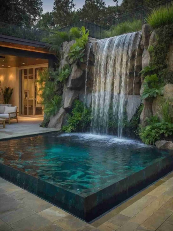 Tropical Pool with Large Natural Rock Wall Waterfall