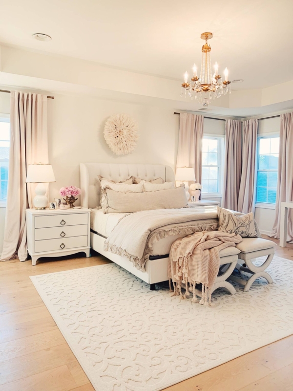Tufted Bed with Blush Pink Curtains and Romantic Master Bedroom Decor
