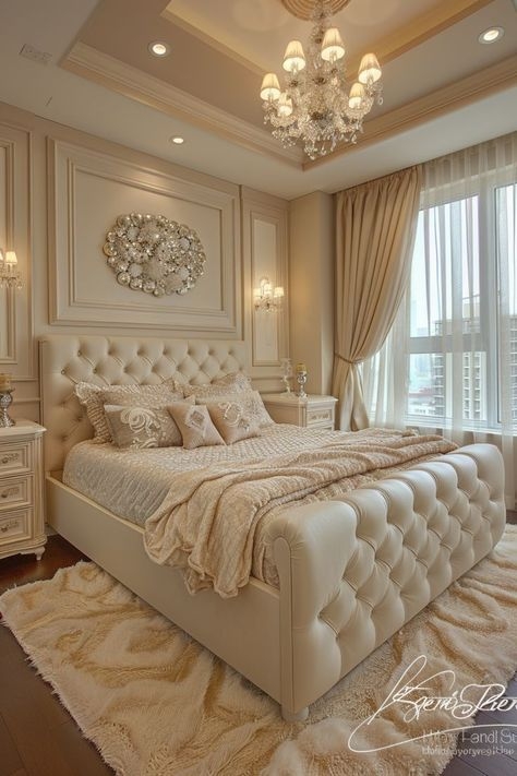 Tufted Bed with Rolled Footboard in Opulent Cream Master Bedroom