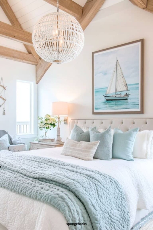 Tufted Bed with Woven Globe Pendant Light and Exposed Wood Beams