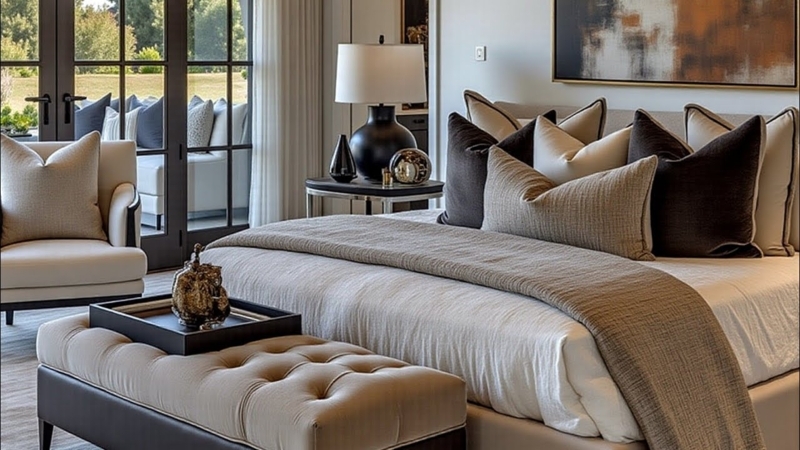 Tufted Bench with Layered Neutral Pillows and Oversized Abstract Art