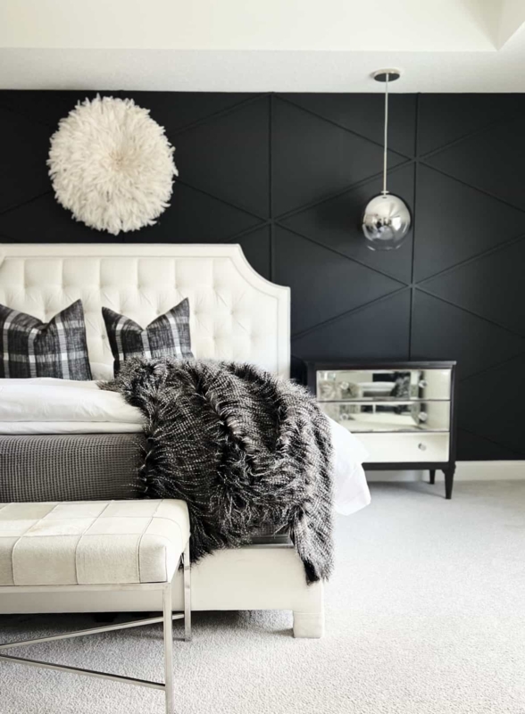 Tufted Headboard and Mirrored Pendant | Geometric Accent Wall