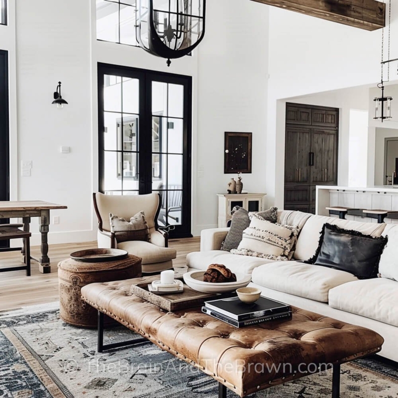 Tufted Leather-Look Ottoman as Coffee Table in Farmhouse Room
