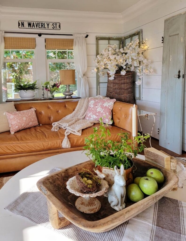 Tufted Leather Sofa Styling: Shiplap Walls and Dough Bowl Centerpiece