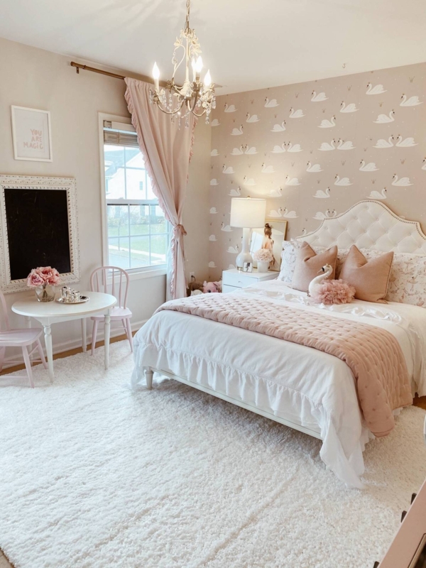 Tufted Panel Bed in Whimsical Swan Wallpaper Bedroom.