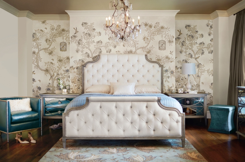 Tufted Panel Bed with Chinoiserie Wallpaper Accent Wall Bedroom