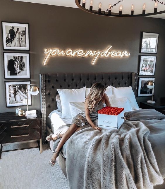 Tufted Panel Bed with Neon Wall Sign, Glam Design