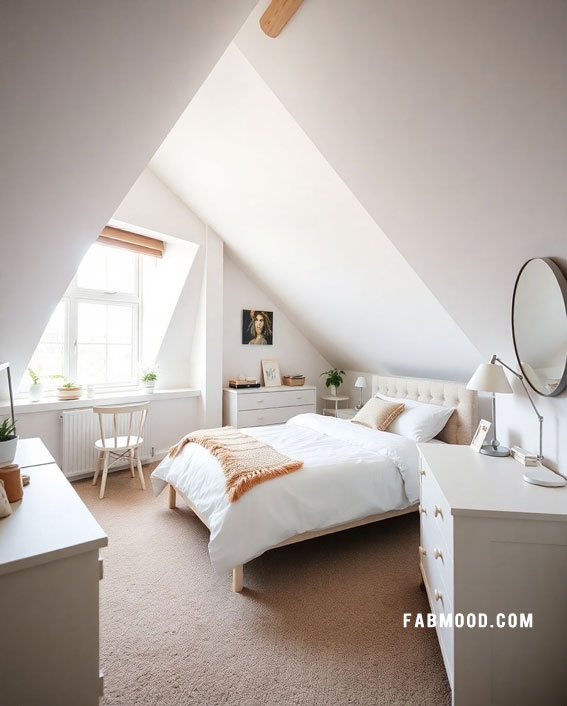 Tufted Platform Bed in Slanted Ceiling Loft with Dormer Window