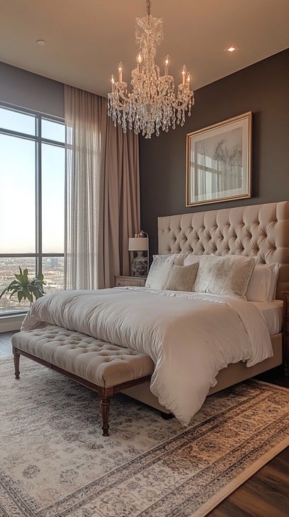 Tufted Upholstered Bed, Grand Crystal Chandelier, Luxury Bedroom