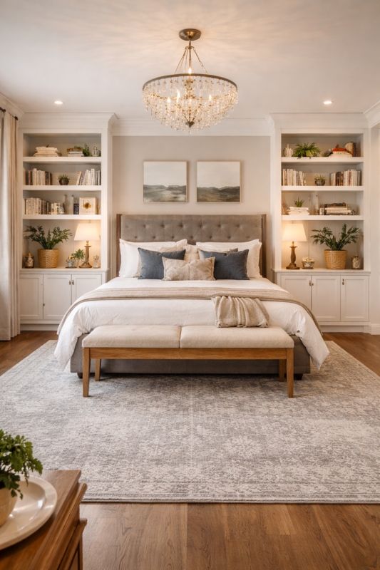 Tufted Upholstered Bed with Built-In Shelving and Crystal Chandelier