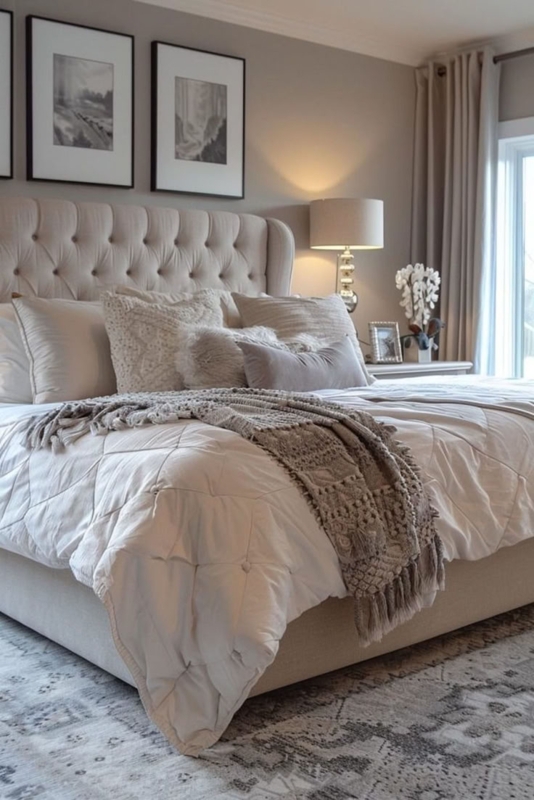 Tufted Upholstered Bed with Chunky Knit Throw Styling & Layered Bedding