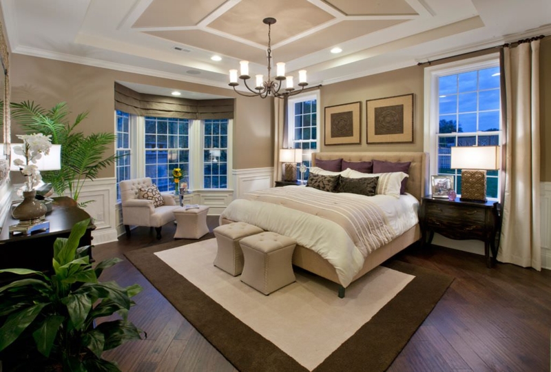 Tufted Upholstered Bed with Tray Ceiling and Bay Window Nook