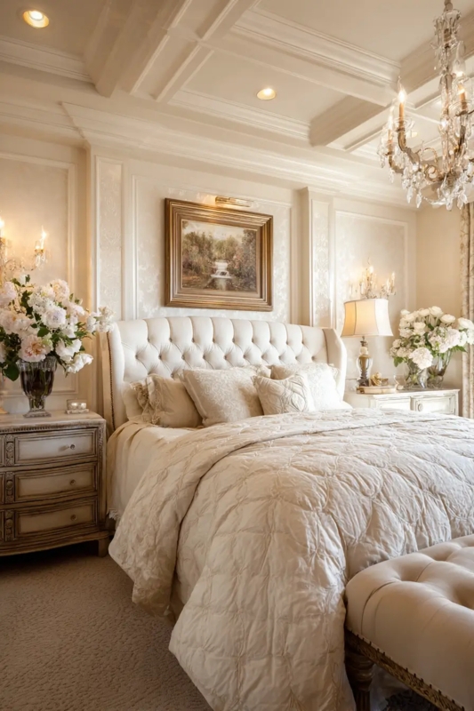 Tufted Wingback Bed in Elegant Coffered Ceiling Master Bedroom