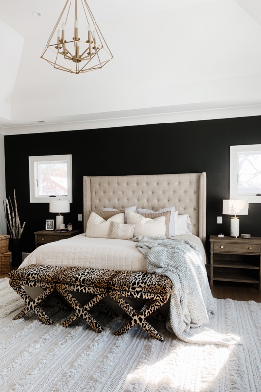 Tufted Wingback Bed & Leopard Print Benches | Accent Wall Ideas