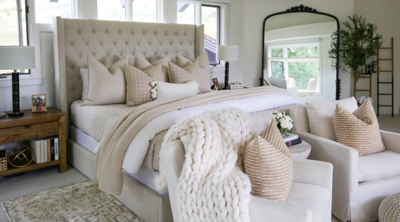 Tufted Wingback Bed with Arched Mirror in Modern Country Style