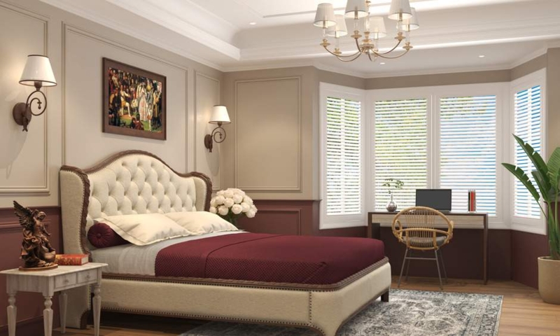Tufted Wingback Bed with Burgundy Accents and Bay Window Shutters