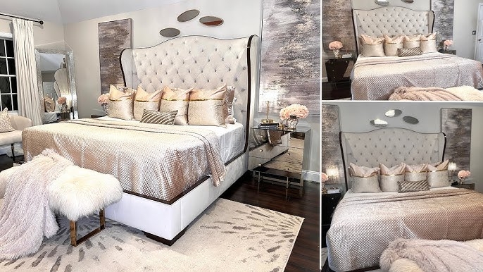 Tufted Wingback Bed with Champagne Bedding and Mirrored Nightstands