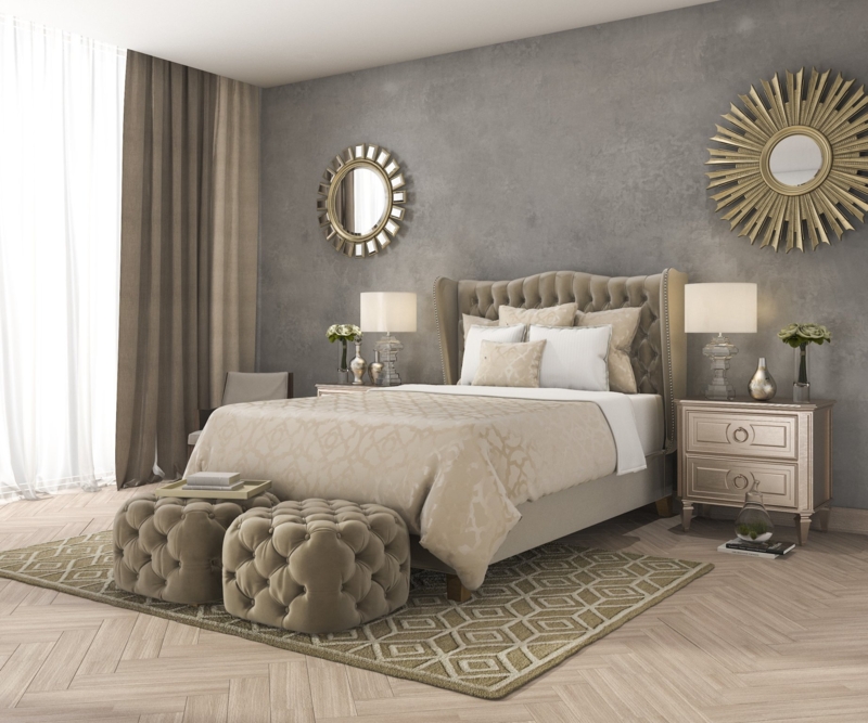 Tufted Wingback Bed with Sunburst Mirror Wall Decor