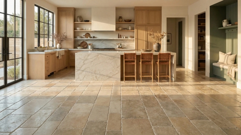 Tumbled Limestone Kitchen Floor Tiles in Organic Modern Design