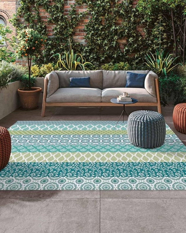 Turquoise Area Rug Floral Geometric Tribal Pattern Deck