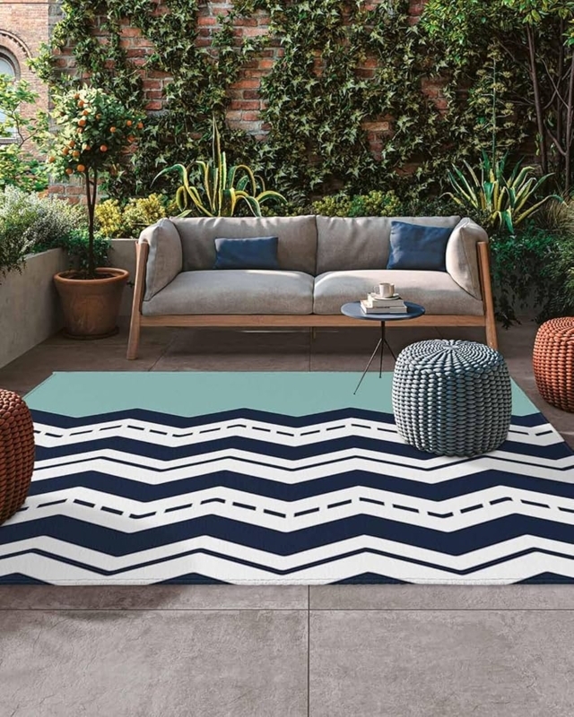 Turquoise Wavy Chevron Outdoor Area Rug for Modern Coastal Patio.