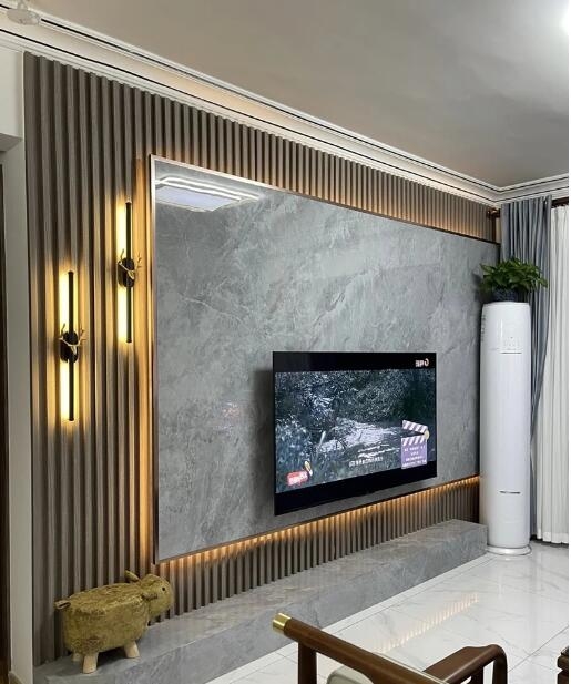 TV Accent Wall Backlit Stone Panel with Ribbed Texture Accents
