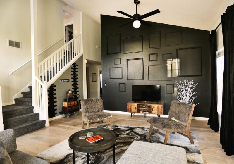 TV Accent Wall Black Molded Design in Eclectic Living Room