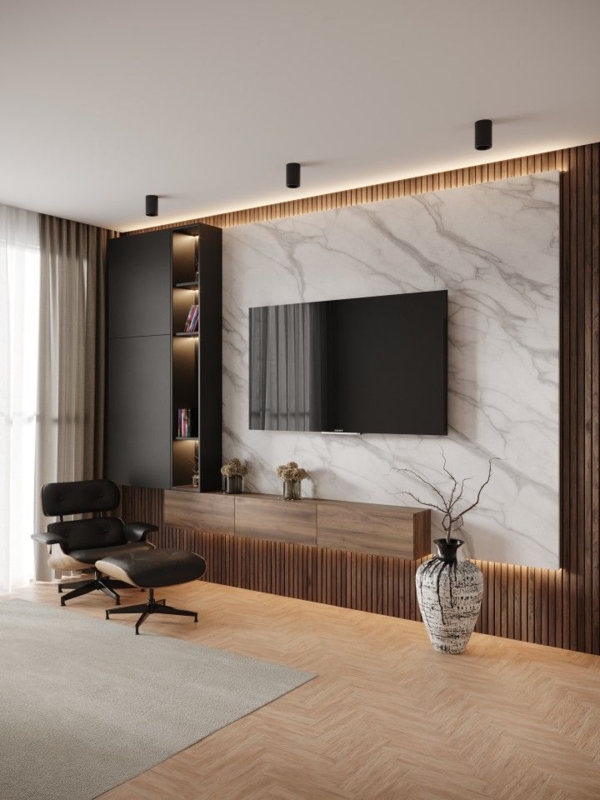 TV Accent Wall Marble Panel with LED Glow and Walnut Wood Slats