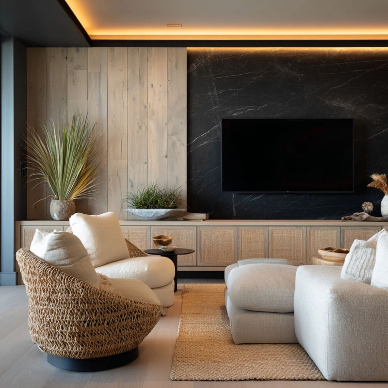 TV Accent Wall Mixed Material Stone and Wood Paneling Organic Modern