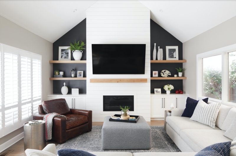 TV Accent Wall Modern Farmhouse Shiplap with Dark Accent Alcoves