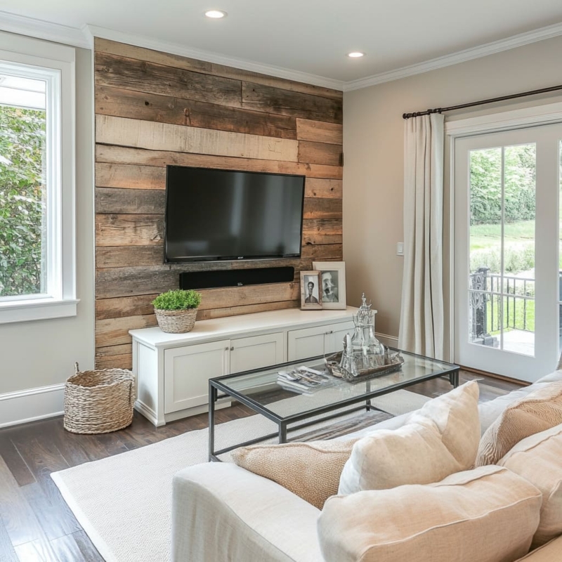 TV Accent Wall Reclaimed Look Horizontal Planks Rustic Style