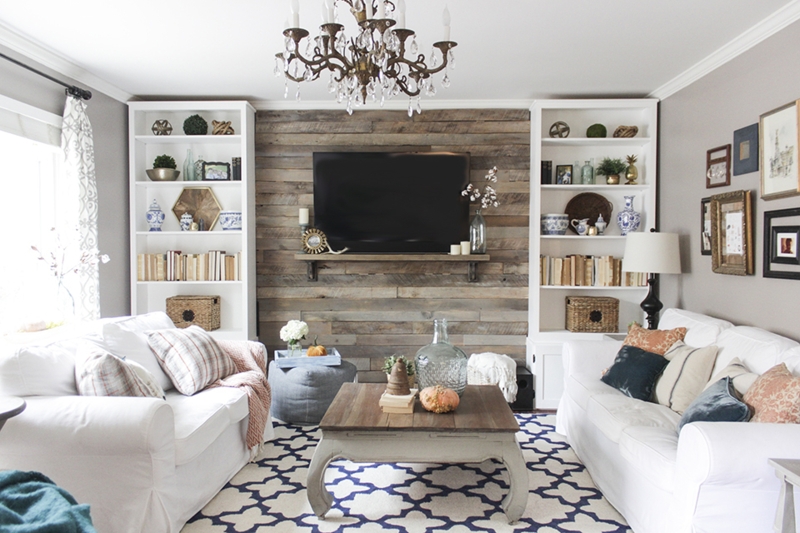 TV Accent Wall Rustic Wood Plank with White Built In Bookcases
