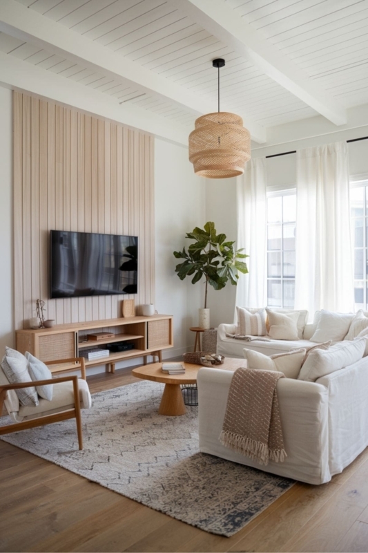 TV Accent Wall Scandinavian Style with Tiered Woven Pendant Light