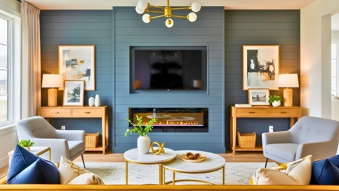 TV Accent Wall Slate Blue Shiplap with Linear Electric Fireplace