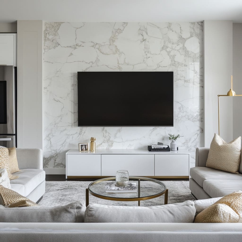 TV Accent Wall White Marble Pattern with Gold Trim Console