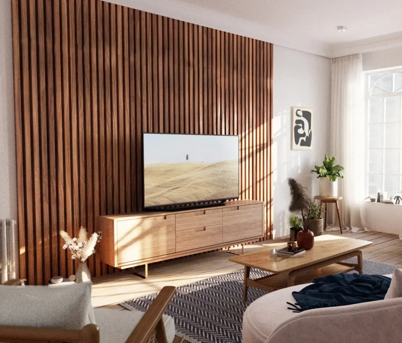 Tv Stand Extra Long Console against Vertical Wood Slat Accent Wall