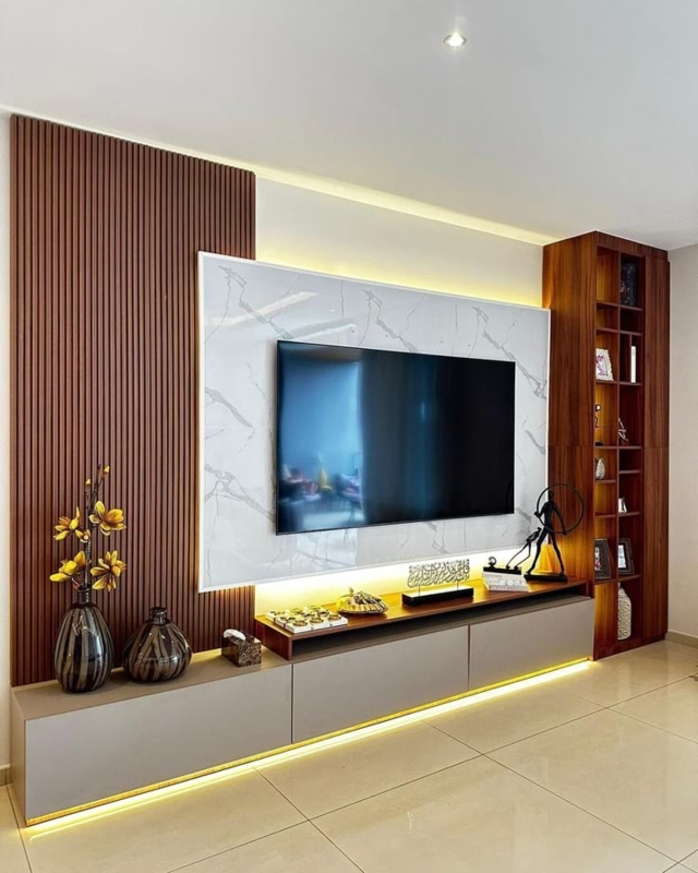 Tv Stand Integrated LED Lighting against Marble Backdrop and Slats